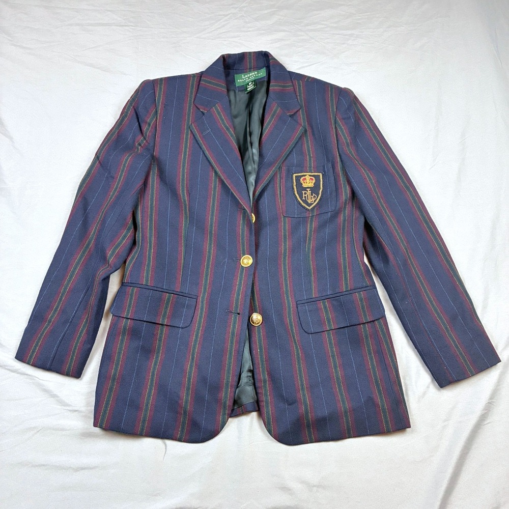 Lauren Ralph Lauren Striped Navy Blazer Womens 8P Crest Logo Preppy Jacket USA